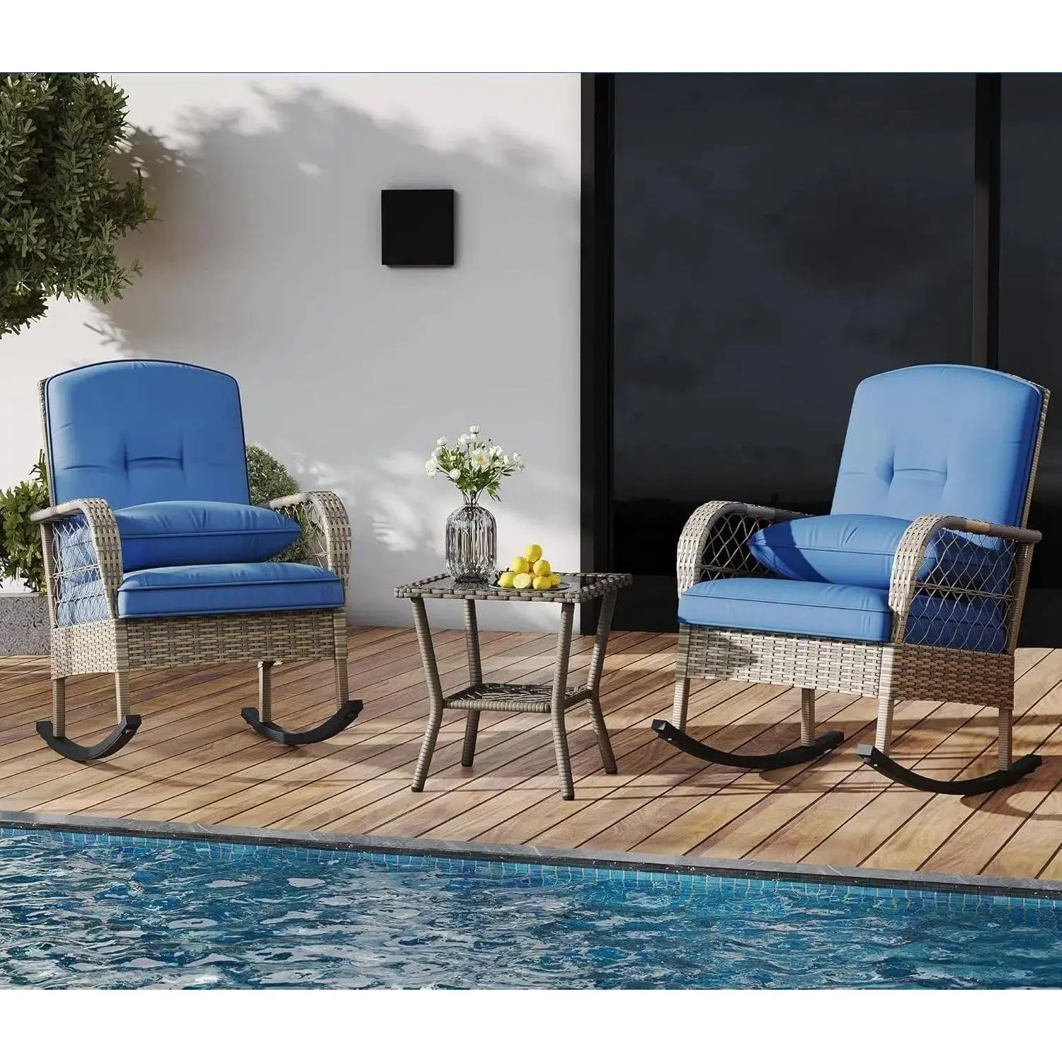 Outdoor Wicker Rocking Chair, Patio Rattan Rocker Chair with Cushions & Steel Frame, All-Weather Rocking Lawn Wicker