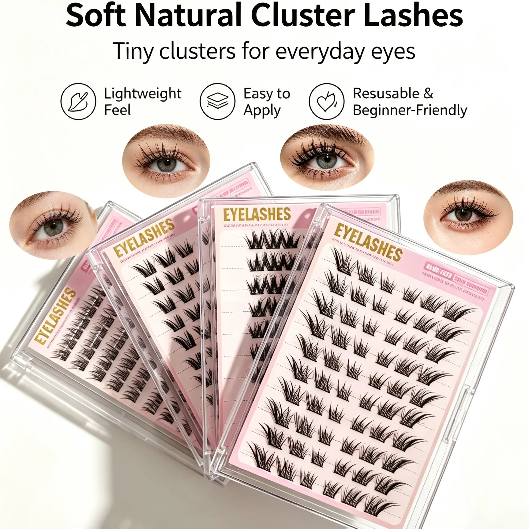 4 Pcs Multi-Style DIY C Curl False Eyelashes, Self-Adhesive, Natural Dense Long Lashes, Perfect for Beginners, Daily Use, Travel, Parties