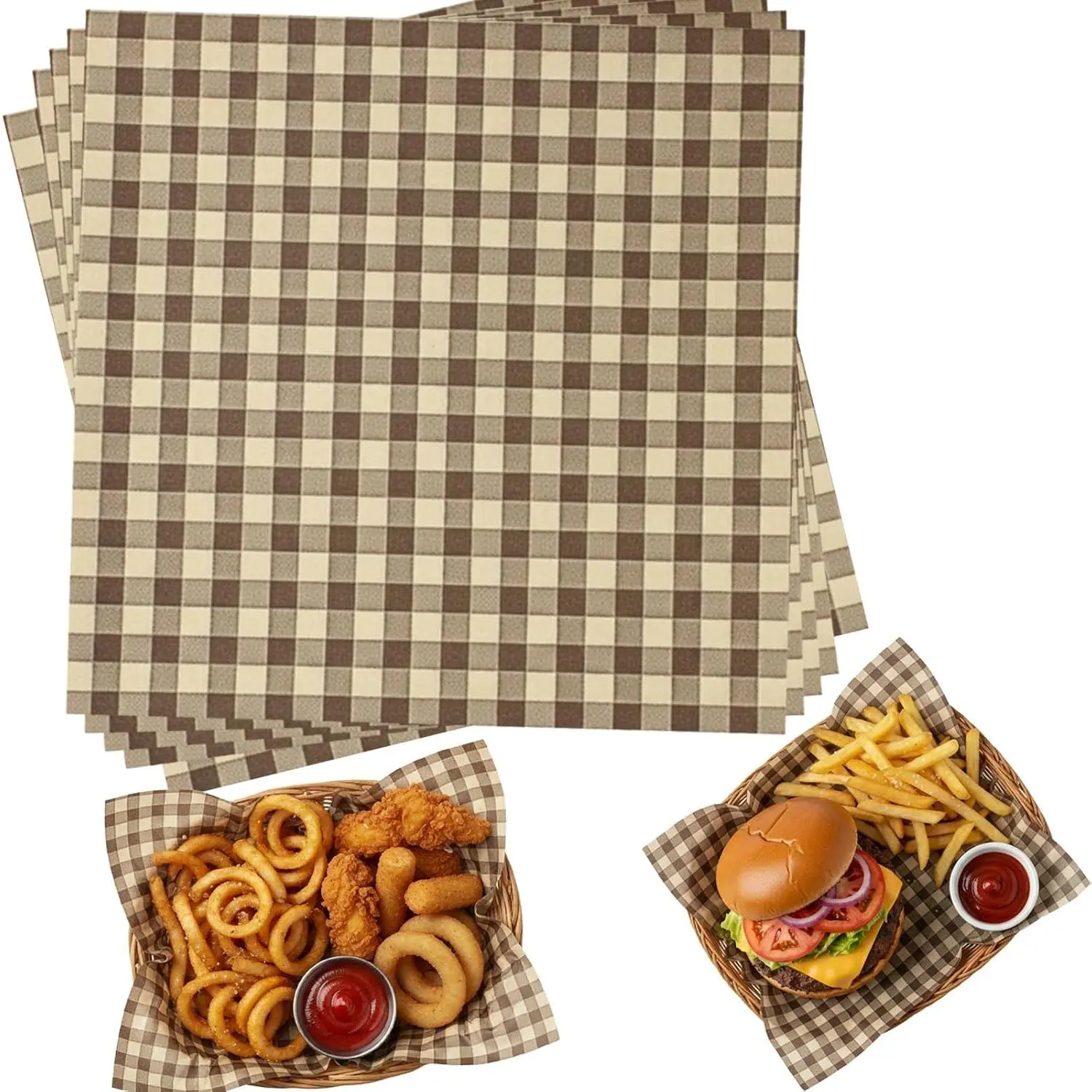 200 count Wax Paper Sheets, 7.1x7.1in Multi-Use  Wraps, Greaseproof Paper for Cookies and Baking, Deli Squares for Baskets, Trays and   Supplies (Brown Checkerboard)