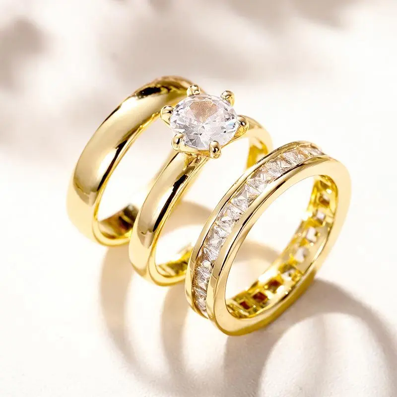 3Pcs Gold Wedding Ring Set, 6 Prong Solitaire Engagement Ring & Full Pave Band Matching Couple Promise Rings For Bridal