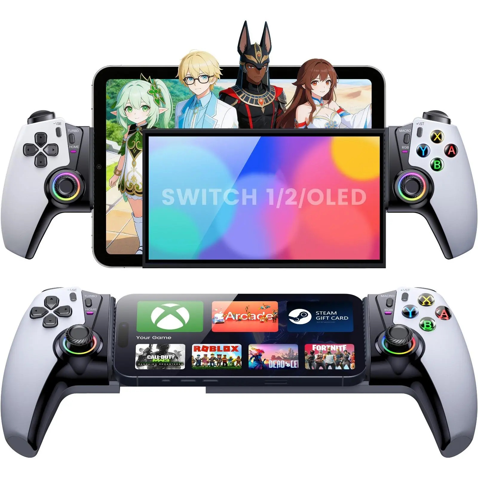 Mobile Gaming Controller for iPhone/Android/Switch 2/Switch/OLED/iPad Mini, Wireless Phone Controller with Hall Joysticks/Triggers/LED, Support PS Remote Play, Xbox Cloud, Steam Link,White&Black