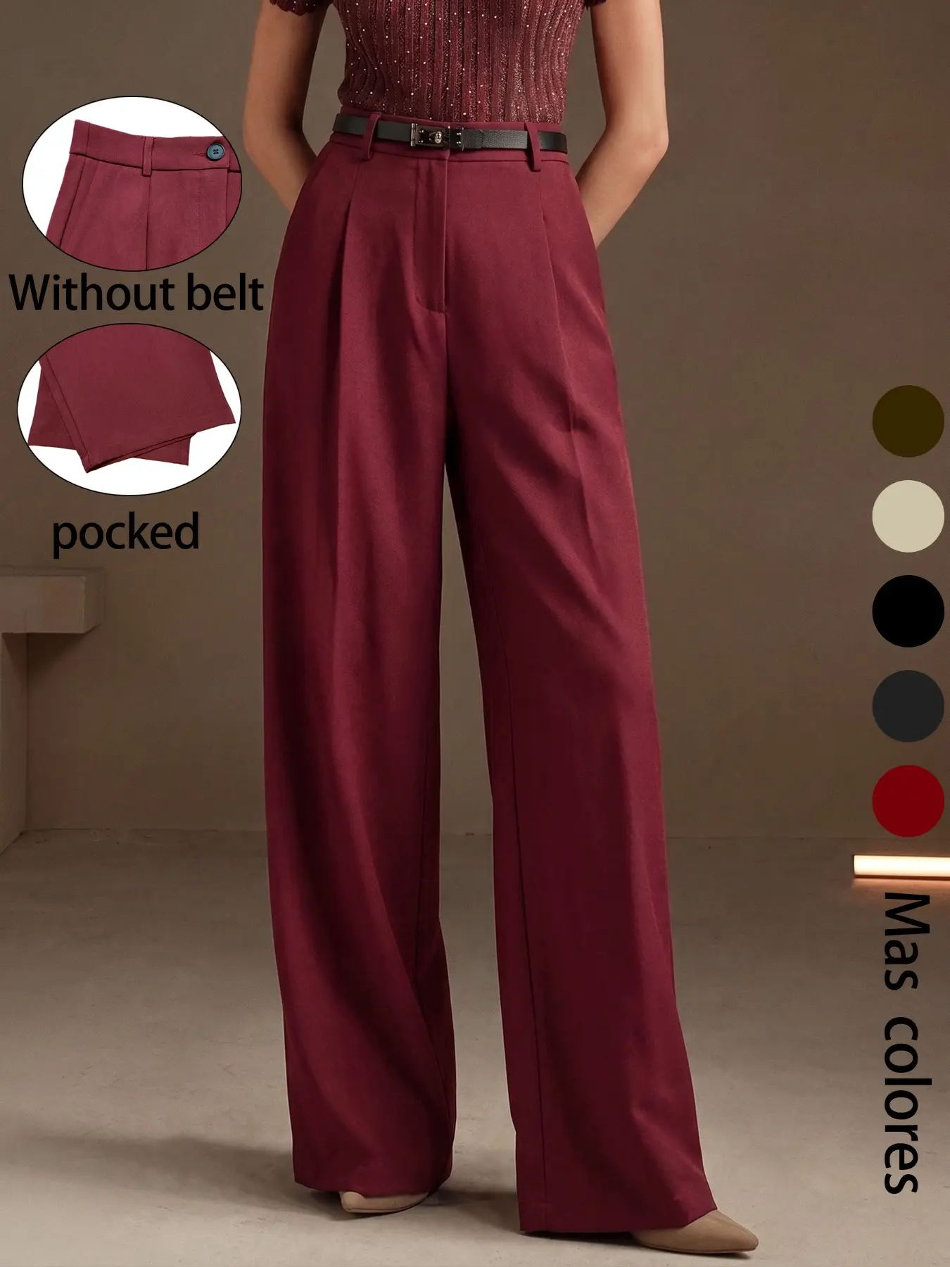 Women's High Waist Pleated Casual Wide Leg Trouser, Office Wear, Four-Season Bottoms, Loose-Fitting, Button Fly, Plain Pattern