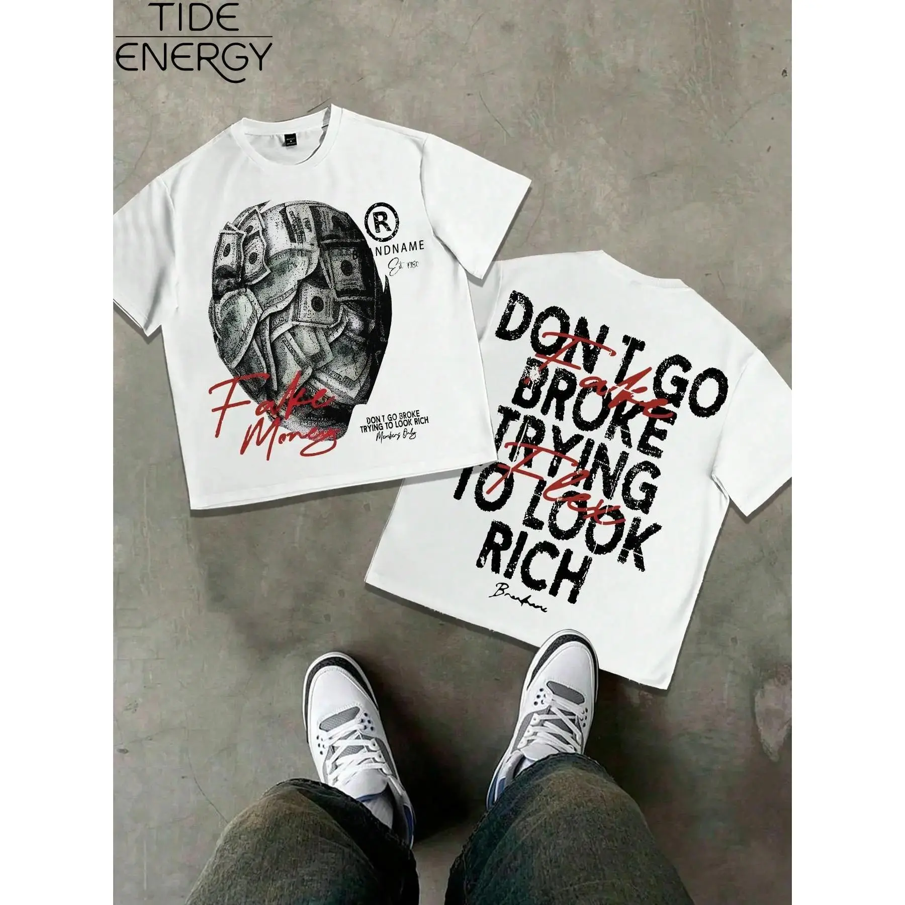 Men's Hip Hop Street Style Streetwear T-Shirt, Menswear Oversized Top with 'fake Money' Skull and 'don't Go Broke' Print, Casual Short Sleeve