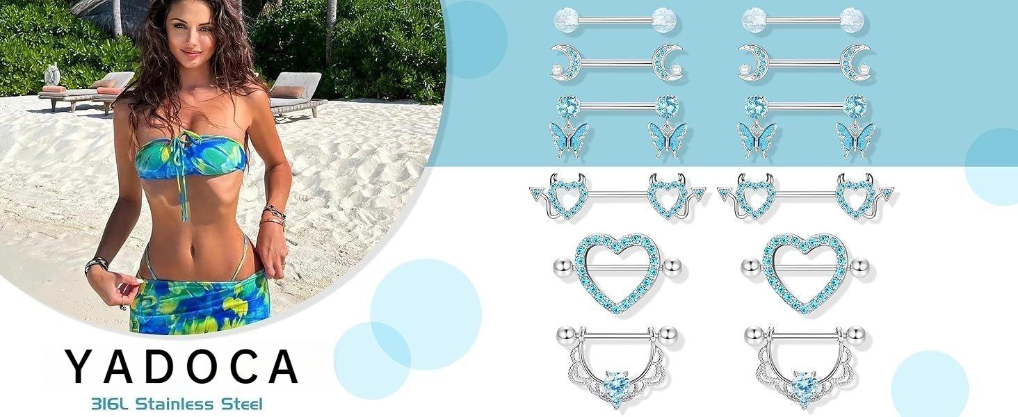 YADOCA 6 Pairs Nipple Bars for Women 316L Surgical Steel Nipple Piercing Jewellery Barbell Piercings Tongue Bars Rings Heart Body Piercing Jewellery