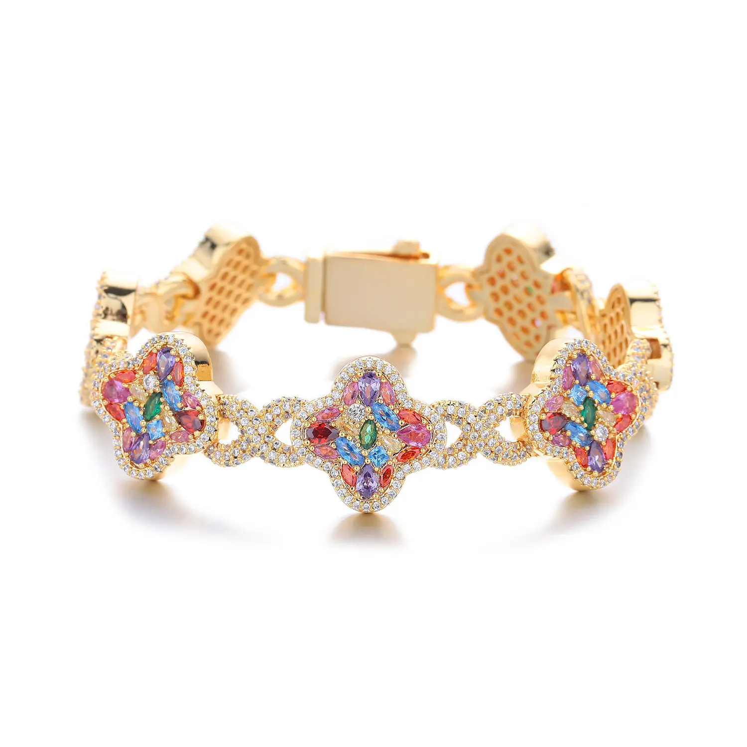 Women's Gold-Plated 4-Clover Leaf Floral Charm Bracelet - Brass Base, Dainty Pave Rainbow Stones, Stackable Bangle Form, Party Ready Costume Jewelry Gift for Daily Wear