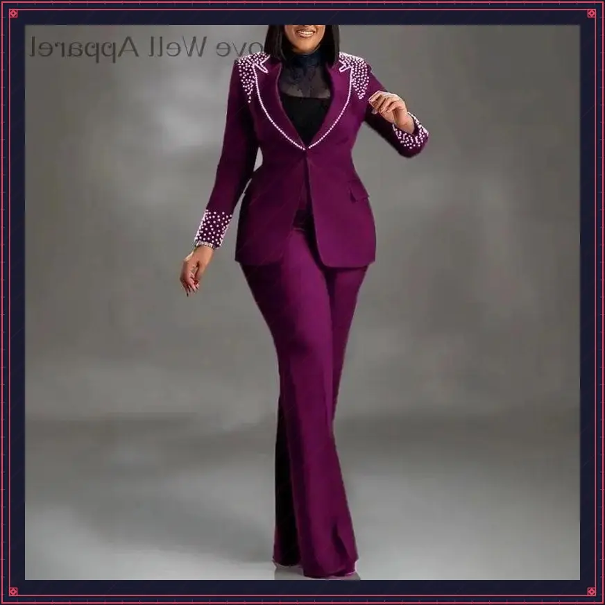 PurpleTwoSuitWomen'sFashionTrend,Pearl-EmbellishedBlazer&FlaredTrousers,IdealforStylishOutingsWomenswearBasicChicElegant