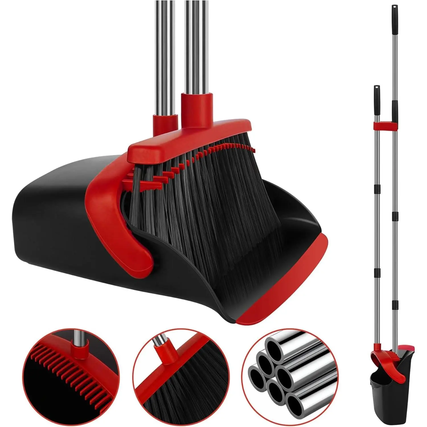 Red Broom and Dustpan Combo Set, 55" Long Handle Outdoor Cleaning Tool with Extended Reach, Built-in Comb, Foldable Storage Organizer for Garage, Patio