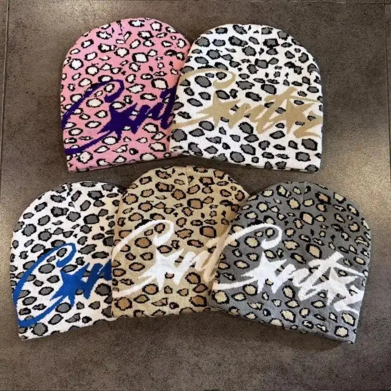 Y2K Leopard Print Beanie - 56-58cm Grunge Aesthetic Soft Stretch Knit Skull Cap, Unisex Slouchy Script Embroidery Winter Hat, Lightweight Warm Streetwear Accessory for Fall Winter Outfits, Daily Wear