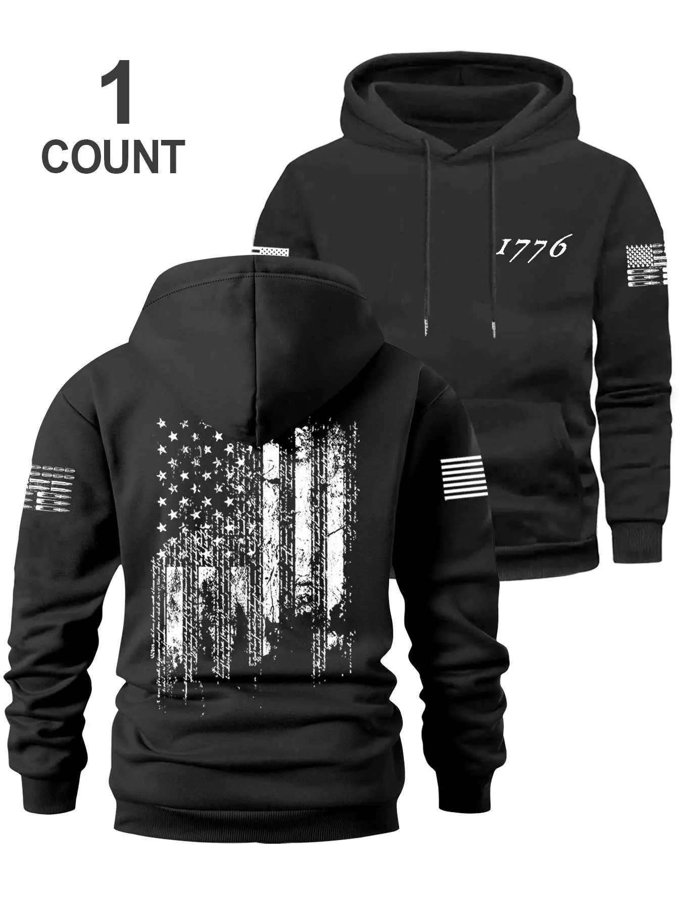Men's Fall Winter Hooded Sweatshirt, Graphic Hoodie Sweatshirt, Casual Sporty Hoodies, Flag Print Design, Chest Pocket, Elastic Waistband, Long Sleeve, Casual Loose Fit, Outdoor Activities