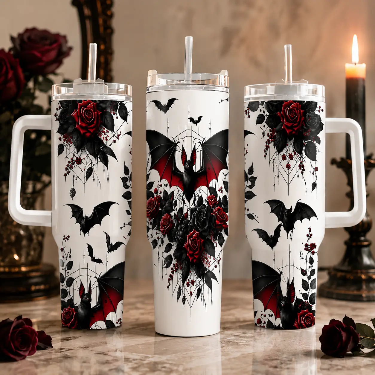 40oz Tumbler 1pc With Gothic Bat, Red And Black, Leakproof Lid And Seal, Suitable For Office, Camping, Gym, Travel, Gift, 2D Flat, Halloween Gifts, Christmas Gifts