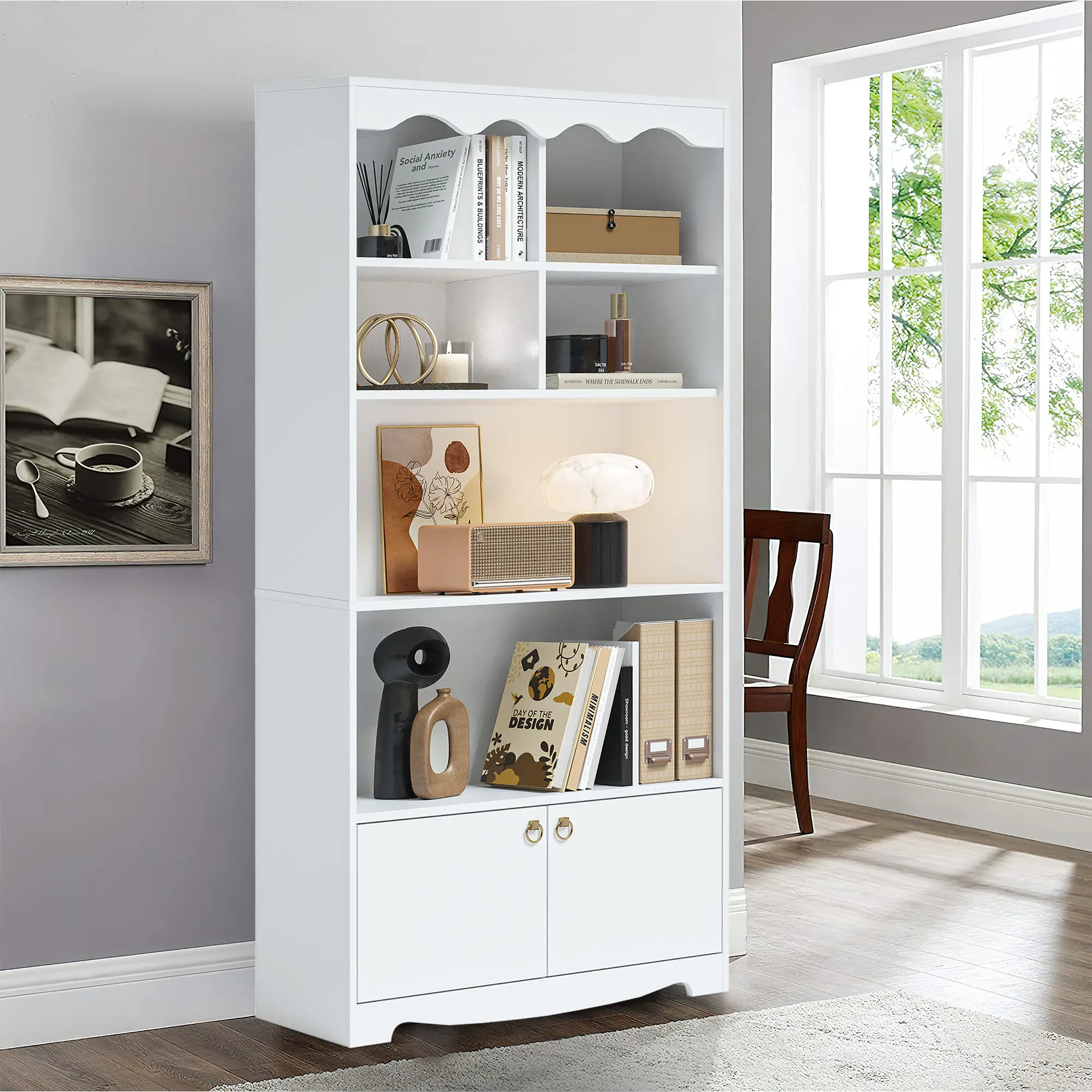 Modern 5-Tier Bookshelf with Doors – Tall Freestanding Bookcase with Storage Cabinet – Sturdy Wooden Display Shelf for Home Office, Living Room, Bedroom