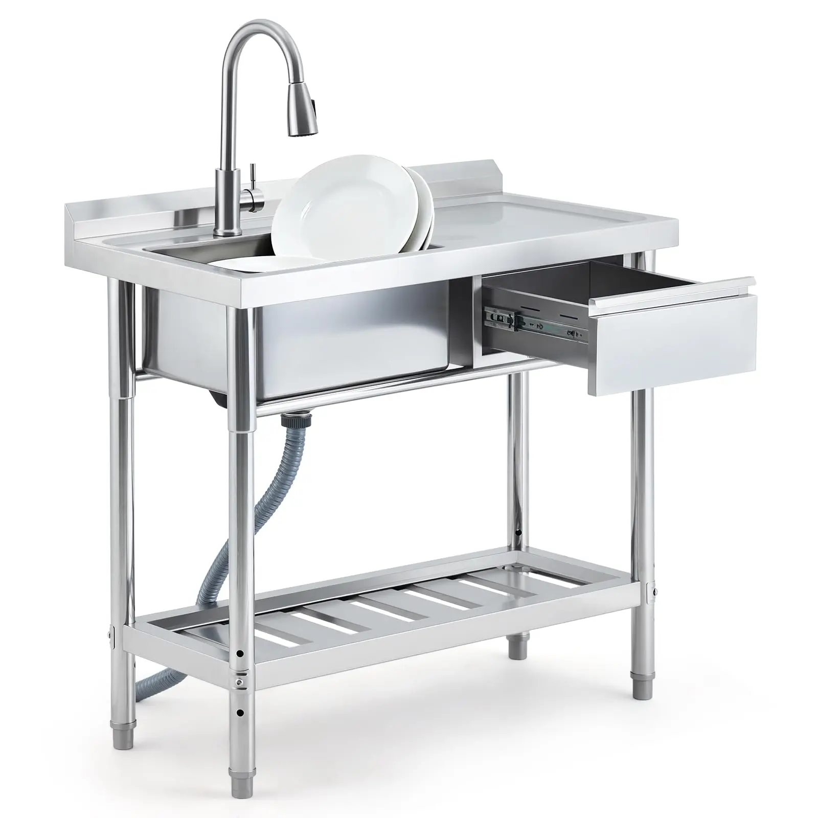 GAOMON Commercial Stainless Steel Kitchen Sink Prep Counter with Pull-out Faucet, 39" Freestanding Single Bowl Utility Sink with Workbench & Drawer Storage for Laundry, Farmhouse & Outdoor Use