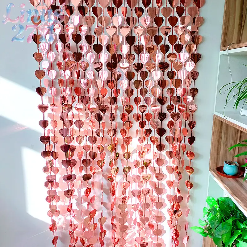 Rose Gold Heart Metallic Tinsel Fringe Curtain Love Heart Rain Silk Door Curtain Valentine’s Day Wedding Birthday Bridal Shower Romantic Party Photography Backdrop Decor