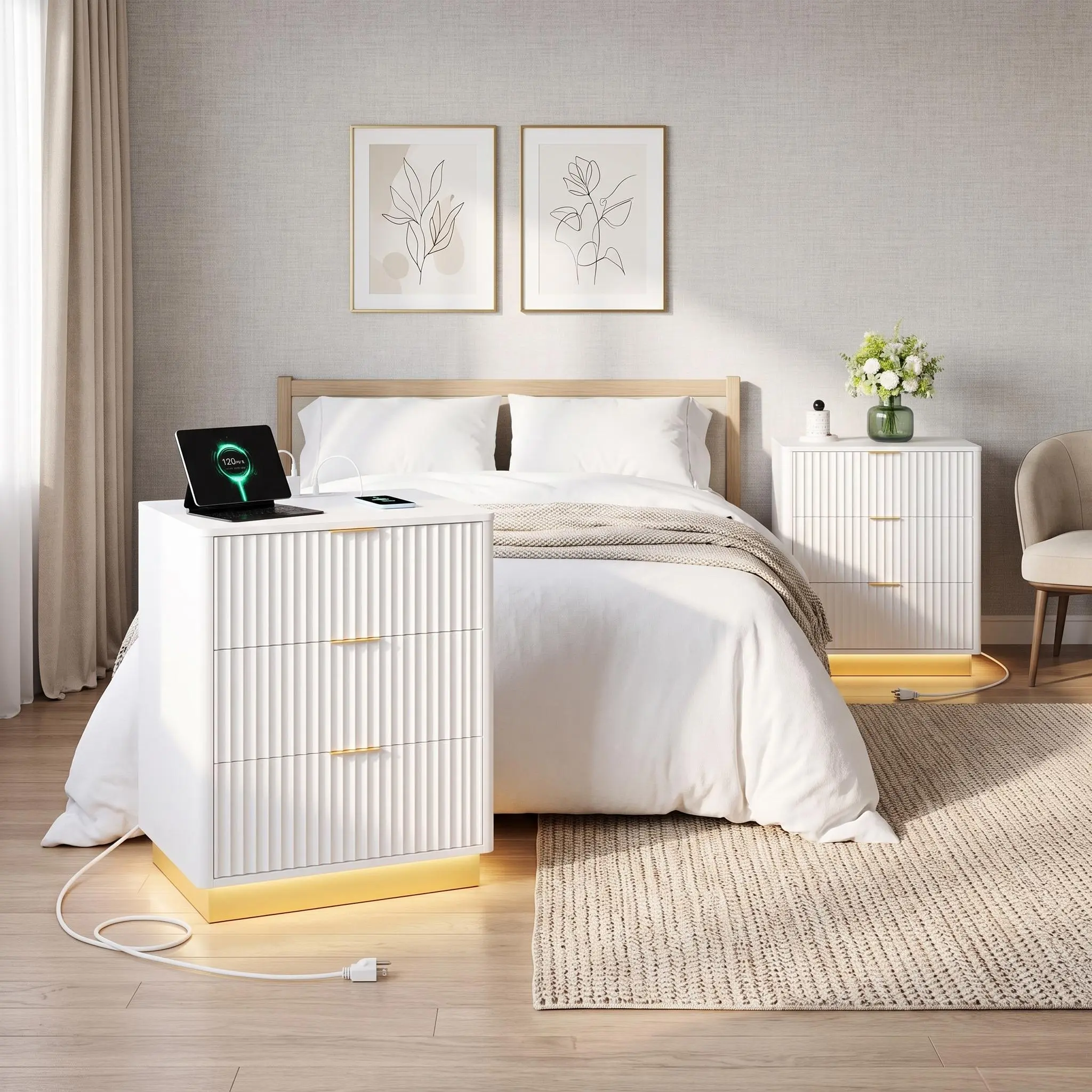 IdealHouse 2-Piece Modern Fluted Engineered Wood Nightstands, 3-Drawer Bedside Tables with Charging Station, LED Light, Dual Outlets, Rounded Corners & Large Storage, Mid-Century Indoor Side Furniture for Bedroom
