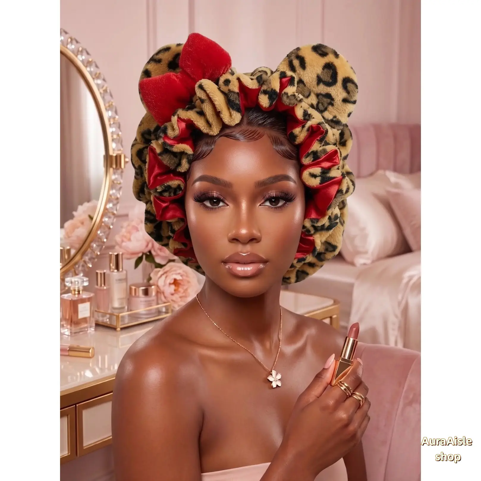 Pink Leopard Print Teddy Fabric Hair Bonnet For Women, Soft Plush Overnight Sleep Hair Protector Cap, Anti-Frizz Hooded Head Wrap For Nighttime Hair Styling And Daily Hair Care Routine