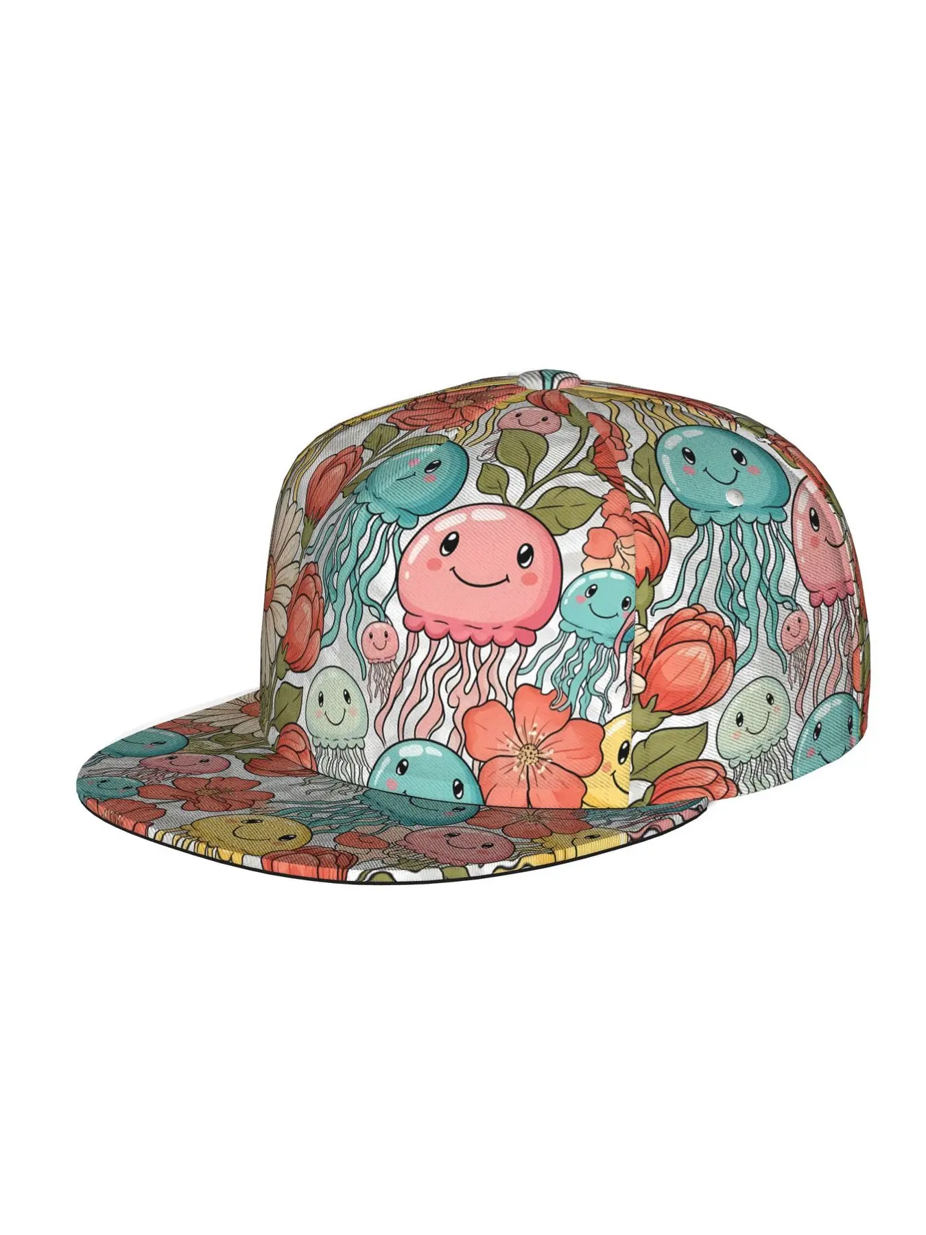 Colorful Jellyfish and Flowers Pattern, Men Women Unisex Flat Brim Baseball Cap, Hip Hop Streetwear Snapback Trucker Hat for Skateboarding Dance Outdoor Sports, Adjustable Punk Style Sun Hat Snapback
