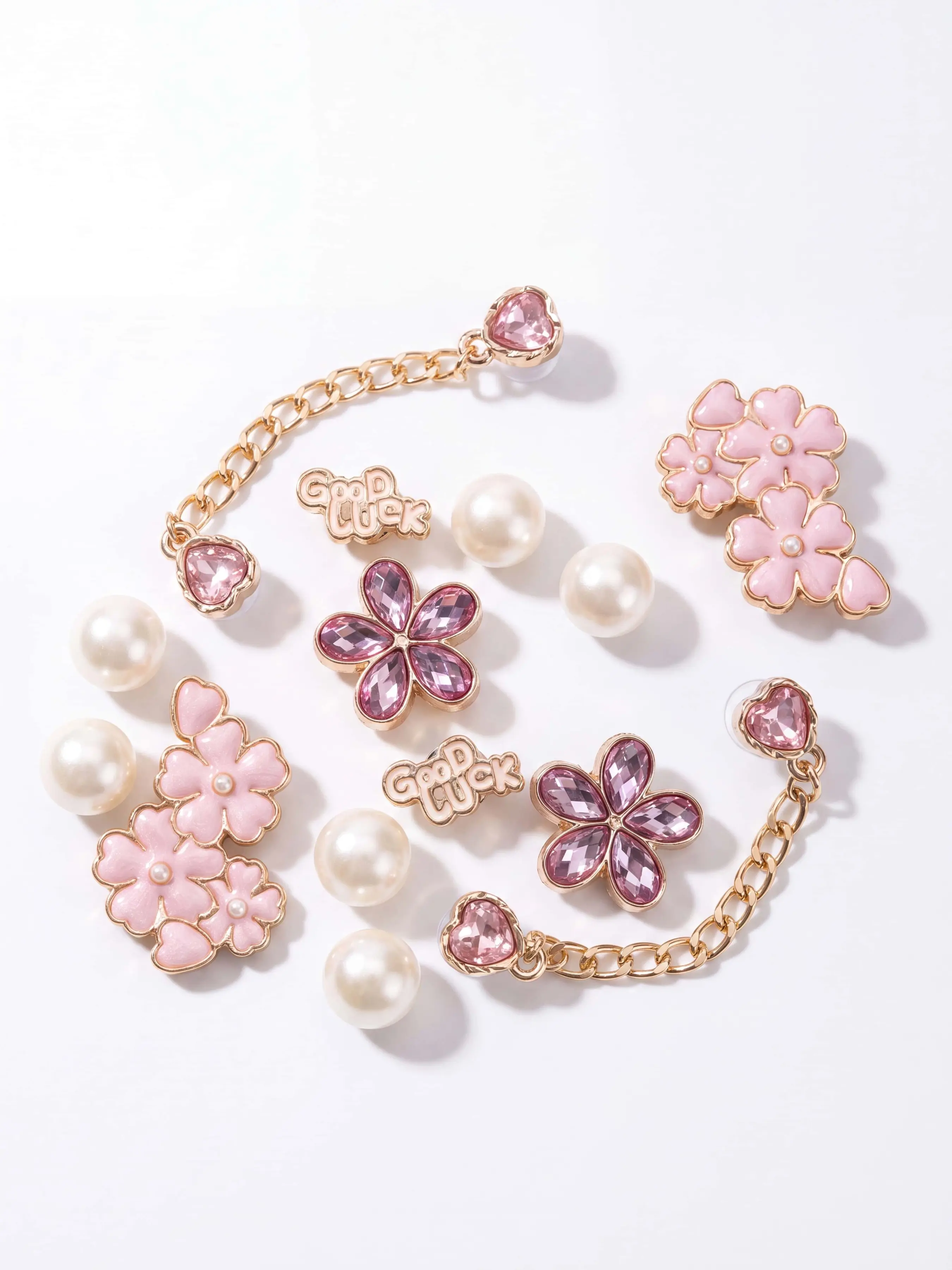 14pcs ABS Resin Pink Luxury Baroque Style Chain Shoe Charms, Shiny Rhinestone Bee Shoe Clips, Detachable Faux Pearl Flower Shoe Buckles, Multifunctional DIY Shoe Clips, Suitable For Women's Sandals, Slippers, Beach Bags, Christmas, Halloween, Valentine's
