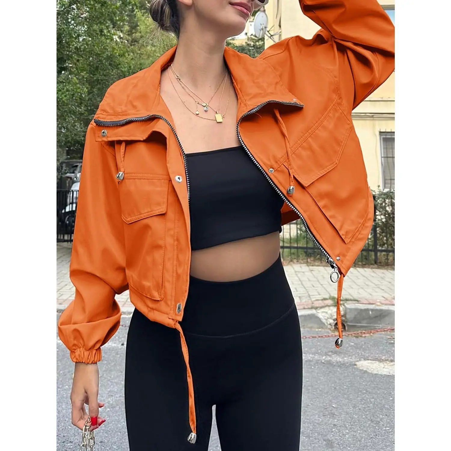 Tankaneo Womens Cropped Jacket Zip Up Lightweight Oversized Utility Anorak Coat with Pockets