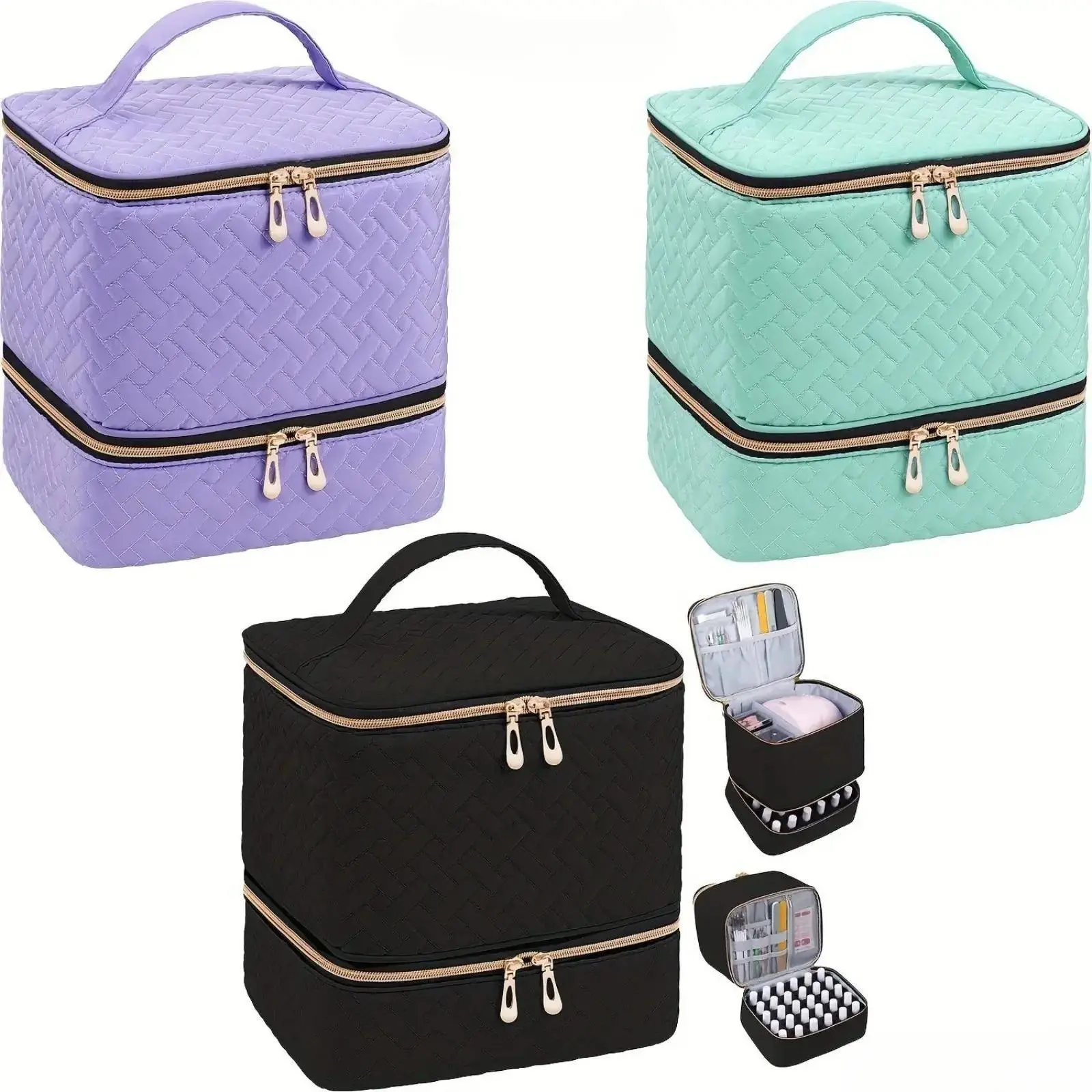 Large Capacity Double Layer Makeup Bag with handle, multi-compartment design for cosmetics and nail polish. Lightweight and portable, ideal for travel, daily home use and beauty salon storage.