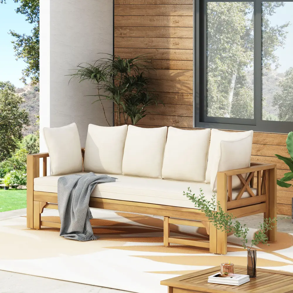 Littleox Outdoor Extendable Acacia Wood 3 Seater Sofa, Upholstered Cushion Couch, Daybed Sofa Chair, Spacious Seating Lounge Chair, Patio Daybed Sofa for Garden Yard