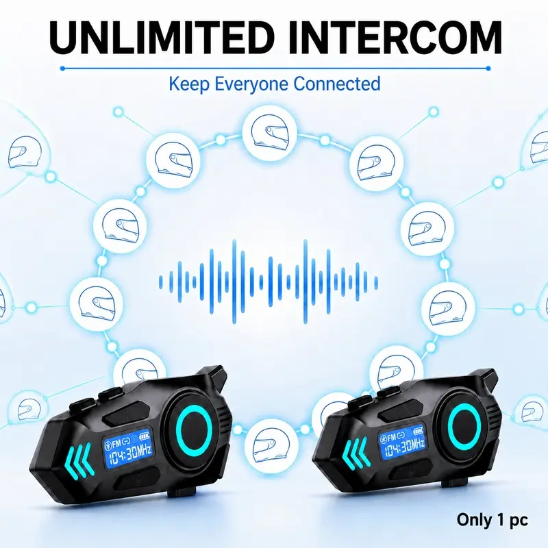 Motorcycle Helmet Bluetooth Intercom, Wireless Helmet Headset Speaker, Bluetooth 5.0 Helmet Communication System with 40H Talk Time, Music Sharing & LCD Display for Motorbike Riding, Motorcycle Accessory