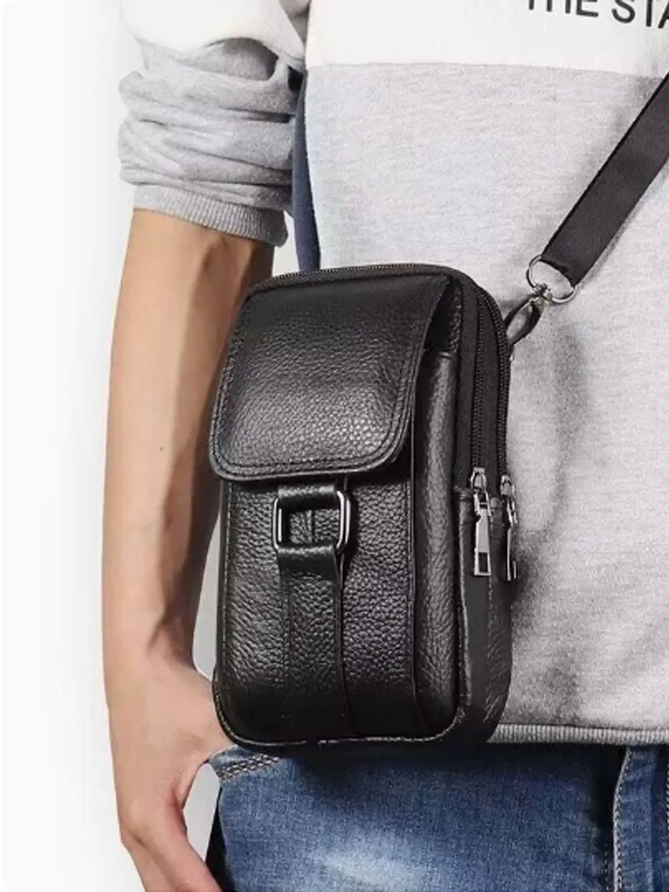 1 Pack Genuine Cowhide Leather Men Casual Multifunctional Crossbody Phone Bag, Multi Pocket Waist Fanny Pack, Shoulder Sling Belt Pouch for Outdoor Travel Hiking