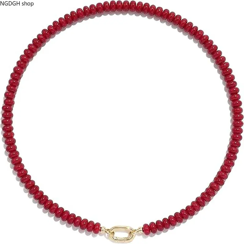 Polished Flat Bead Stone Choker - Short Length Multi-Tone Natural Glossy Beads Necklace, Solid Gold Oval Connector Clasp, 4 Color Choices, Holiday Trip Casual Stack Sports & Outdoor Accessory, Casual Outfits, Holiday Wear