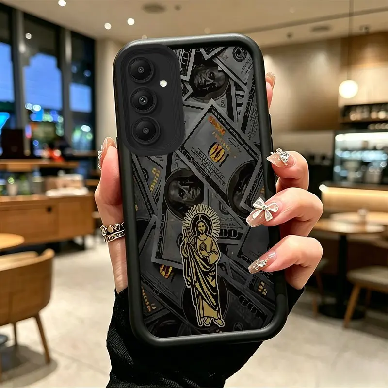 TPU Smartphone Case for Samsung GALAXY S24, S24FE, S24PLUS, S25, S25PLUS, S26, S26PLUS - Saint Jude Over Stylized Currency Art, Celestial Eye Layered Design, Drop-Resistant Protection, Silicone Handheld Accessory with Secure Button Coverage