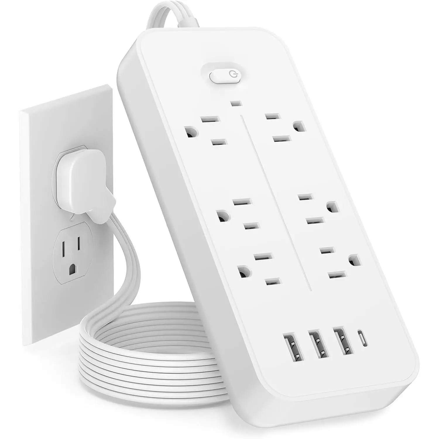 Flat Plug Exetnsion Cord, Power Bars with Surge Protector, Power Strip with 6 Outlets and 4 USB Ports(1 USB C), Wall Mount for  Office College Dorm Room Essentials