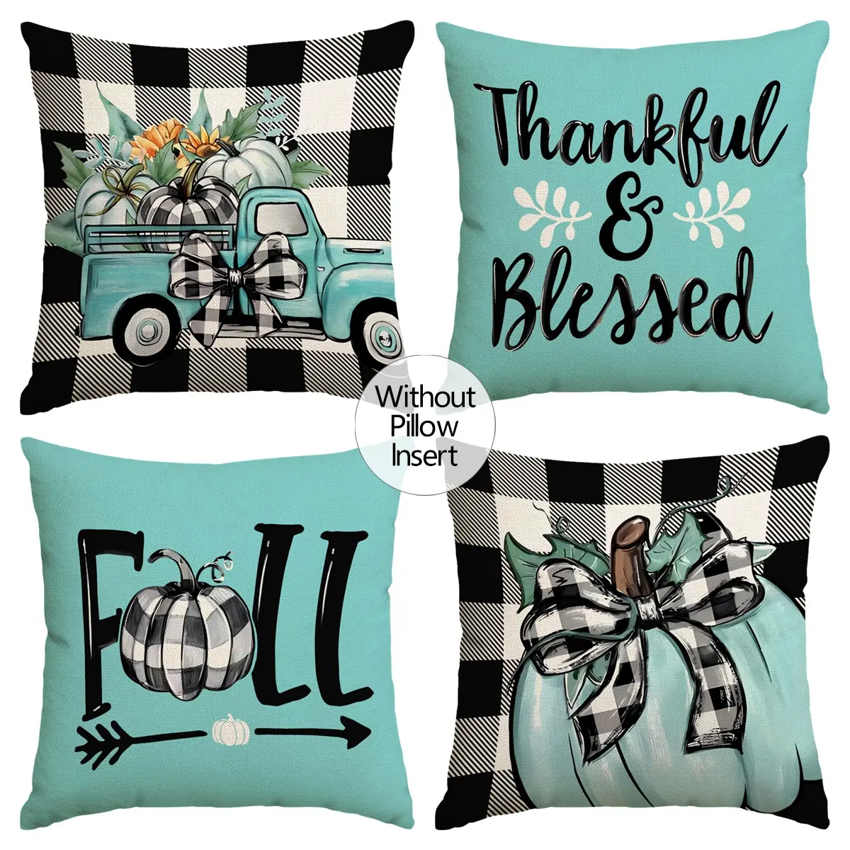 4pcs Blue Pumpkin Pillow Covers, Buffalo Plaid, Vintage Truck Decor, Rustic Farmhouse Autumn Cushion Covers