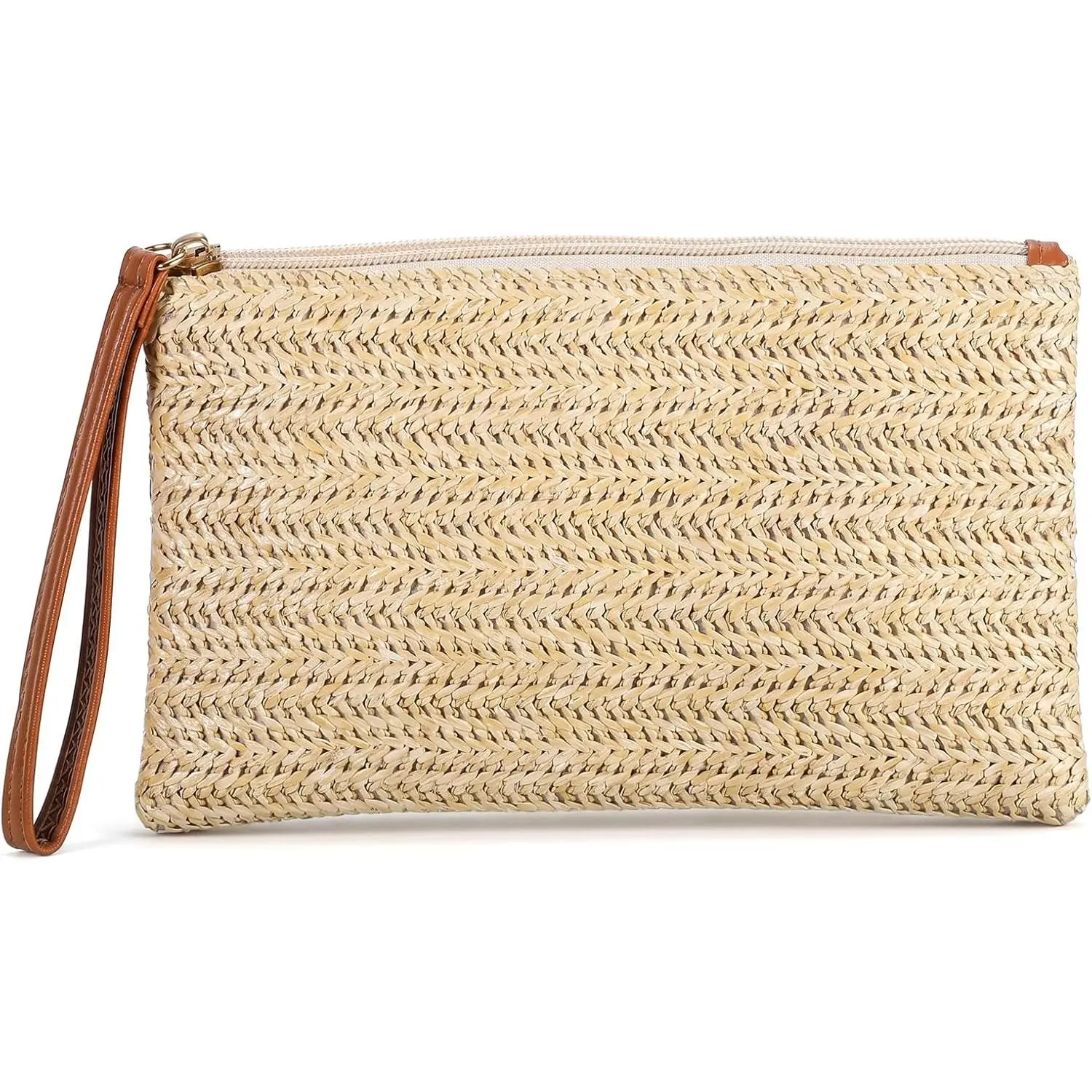 Women's Bohemian Straw Clutch Purse - Modern Woven Zipper Wristlet, Ideal for Summer Beach Use