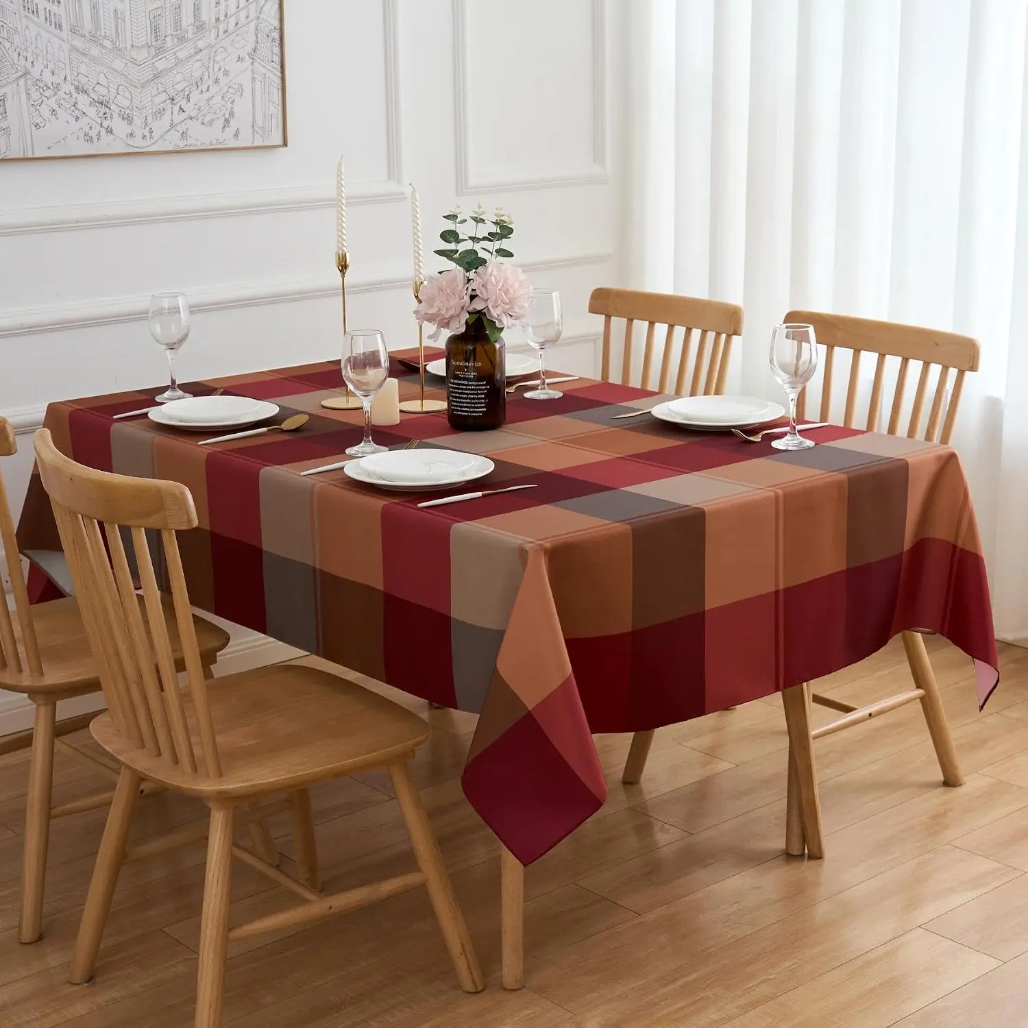 Brown Harvest Plaid Polyester Tablecloth, 60x102 Inch Rectangle Waterproof Table Cover for 6-8 Seats, Reusable Resistant for Fall Thanksgiving Winter Occasions