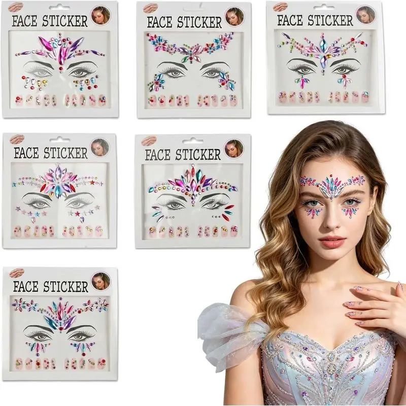 6 Pcs Face Gems Glitter Temporary Tattoos, Rhinestone Face Jewels Stickers for Women Kids, Festival Accessories Body Art for Music Concert Carnival Halloween Christmas Party