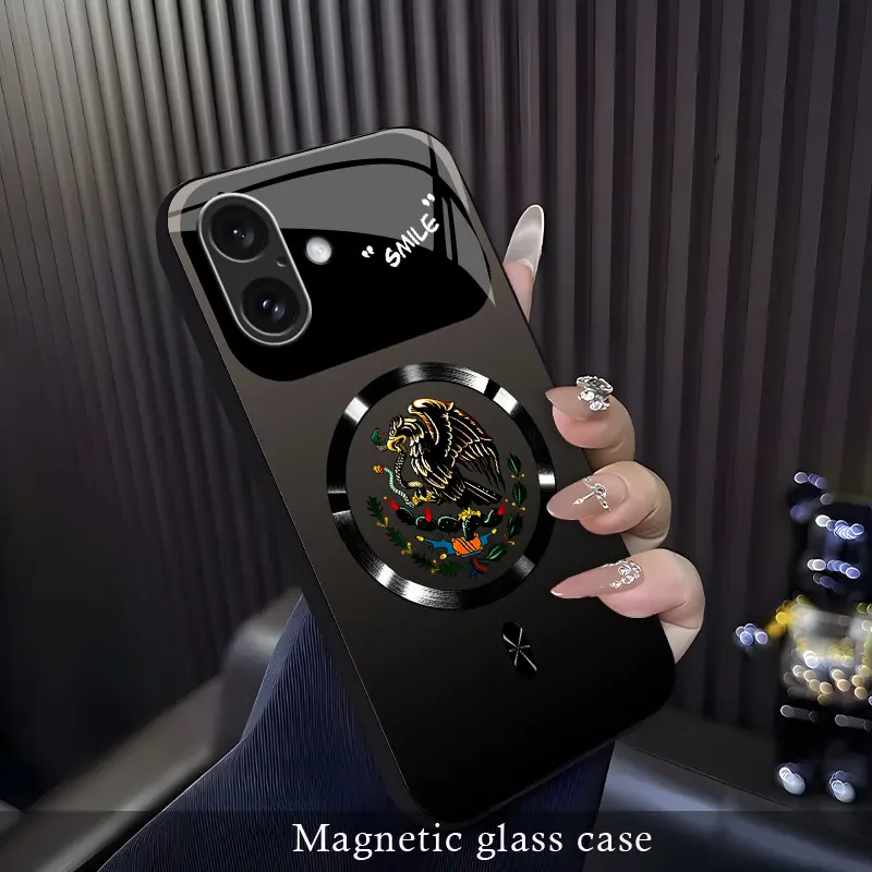 For 【iPhone 16 Plus】Phone Case, Mexican Eagle Ethnic Totem Phone Case, Vintage Latin Culture Print Design, Shockproof & Wear-Resistant Protective Cover, Magnetic Charging Glass Case, MagSafe，Unisex Ethnic Style Phone Case.-XS9527