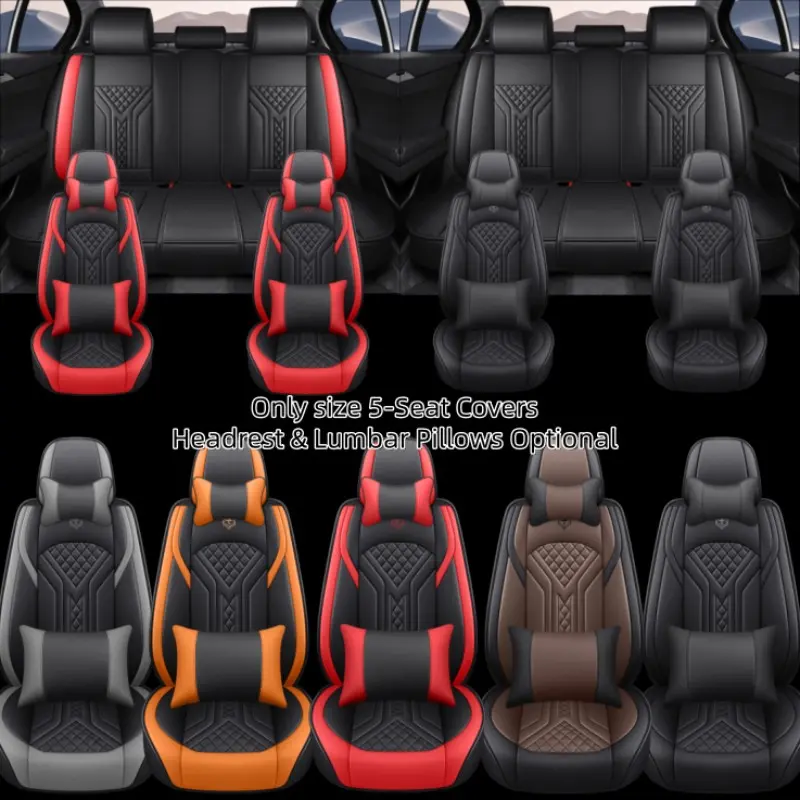 Universal PU Leather Car Seat Covers for 5-Seater Cars, 5 Colors Available, Full Set Seat Protector, Optional Headrest & Lumbar Support