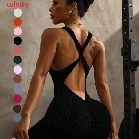 Women's New Leopard Print Tight-Fitting, Seamless Hollow Out Back, High Waist Compression Wear, Sleeveless All Season Yoga Bodysuit, Sporty Yoga Jumpsuit, Activewear Jumpsuit