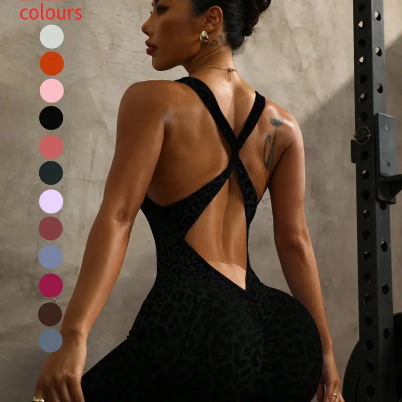 Women's New Leopard Print Tight-Fitting, Seamless Hollow Out Back, High Waist Compression Wear, Sleeveless All Season Yoga Bodysuit, Sporty Yoga Jumpsuit, Activewear Jumpsuit