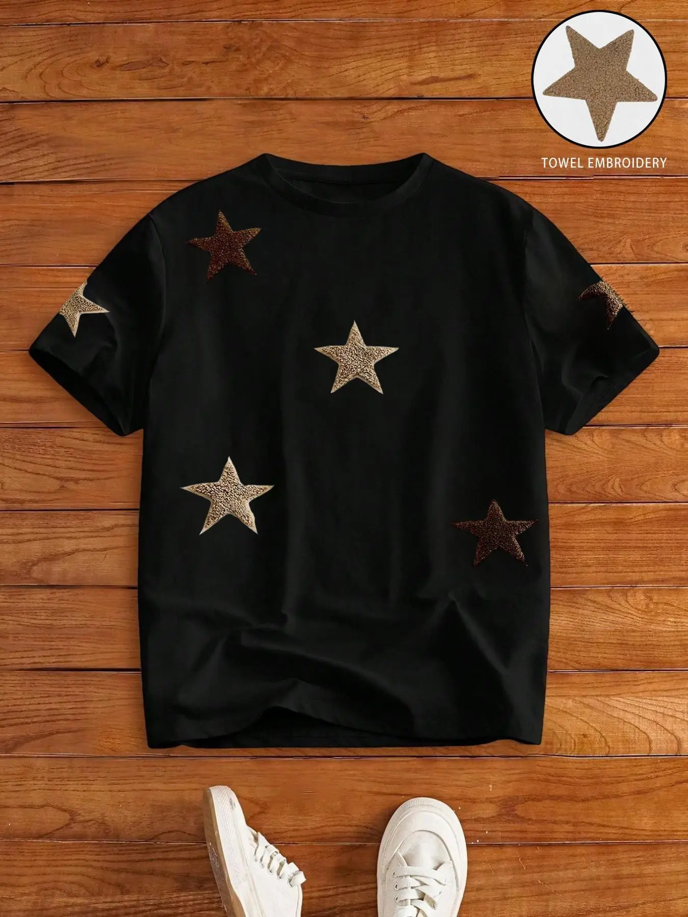 Men's Street Style Star Chenille Embroidery Patch Textured Short Sleeve T-Shirt, Casual Daily Wear, Anniversary Gift, Streetwear Menswear