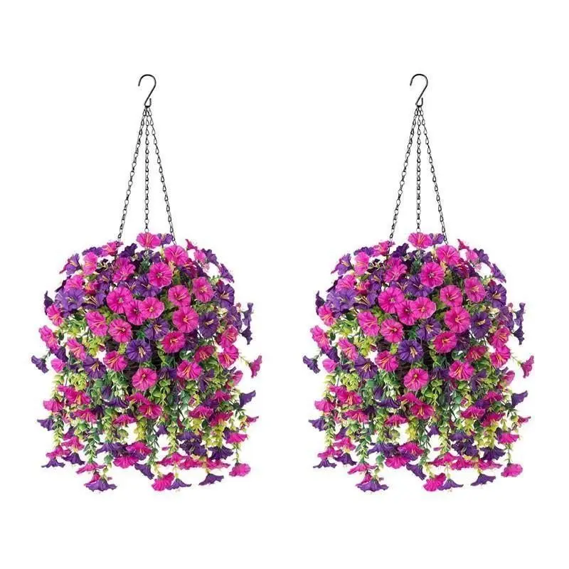 Garden landscape - 1-2 sets of evergreen maintenance-free artificial flowers - realistic hanging petunia baskets. Outdoor garden decoration, made of PVC material, with UV-resistant flowers, suitable for home porches, balconies and garden decoration.
