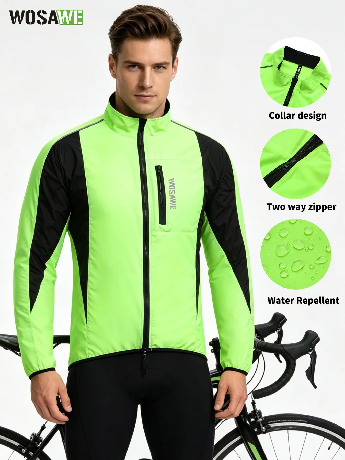 WOSAWE Lightweight Windproof Cycling Jacket with YKK Dual Zipper Water-Repellent Reflective Windbreaker for Running Commuting