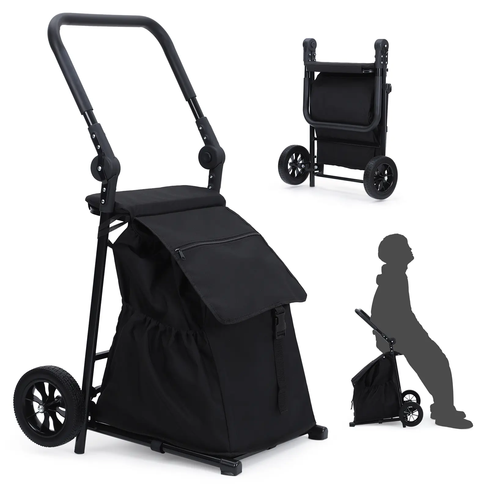 Large Capacity Foldable Shopping Cart with Waterproof Bag and Seat – Portable Utility Trolley for Grocery, Travel, Laundry, and Household Tasks, Black