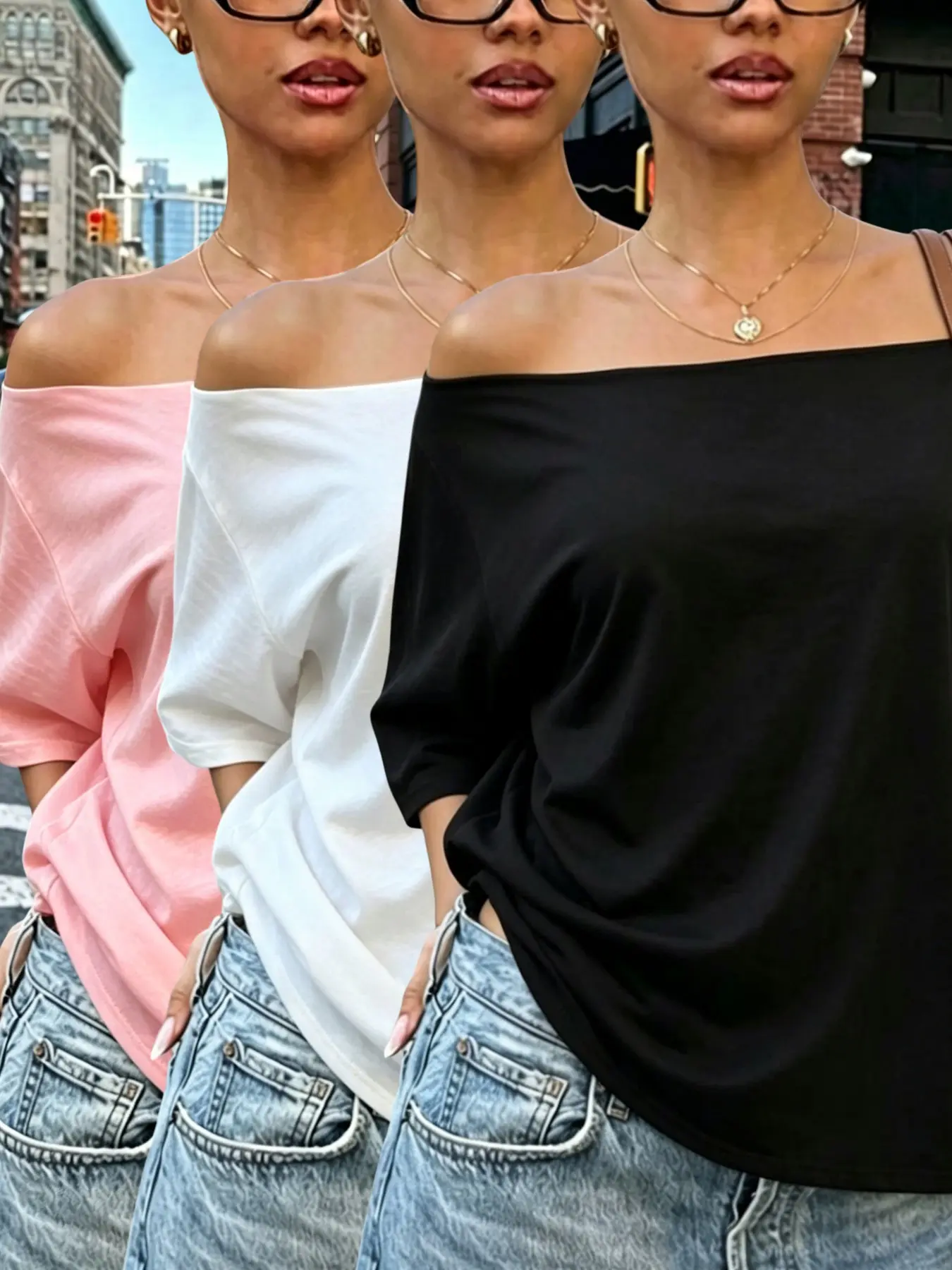 3 pieces, American women's Y2K solid color chic aesthetic casual off shoulder short sleeves top, trendy street style, sexy off shoulder design, multiple combinations to choose from, summer daily home commuting date outfit