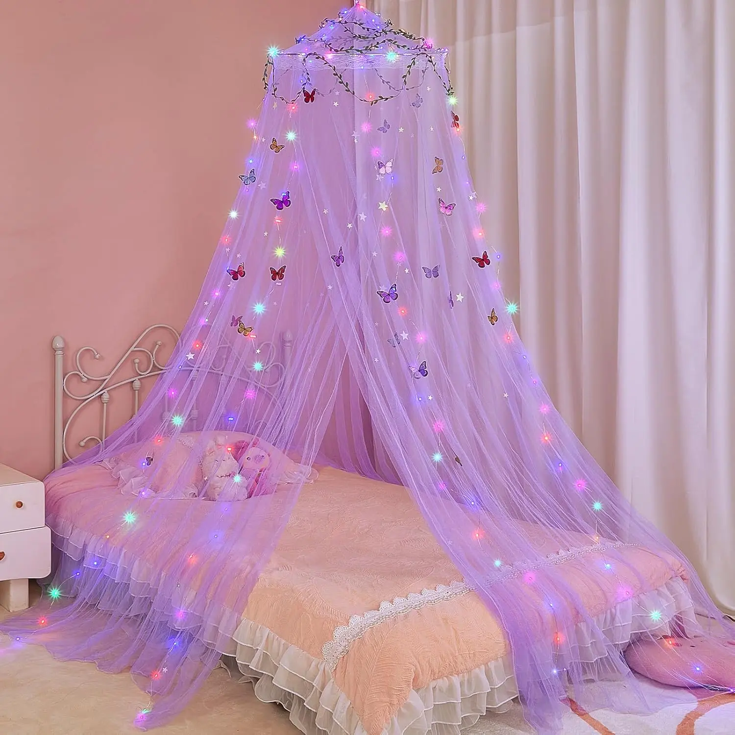 Bed for Girls Room Bed Curtains with Led Lights Net DIY Room  with Stars Butterflies for Kids Bedroom, Purple
