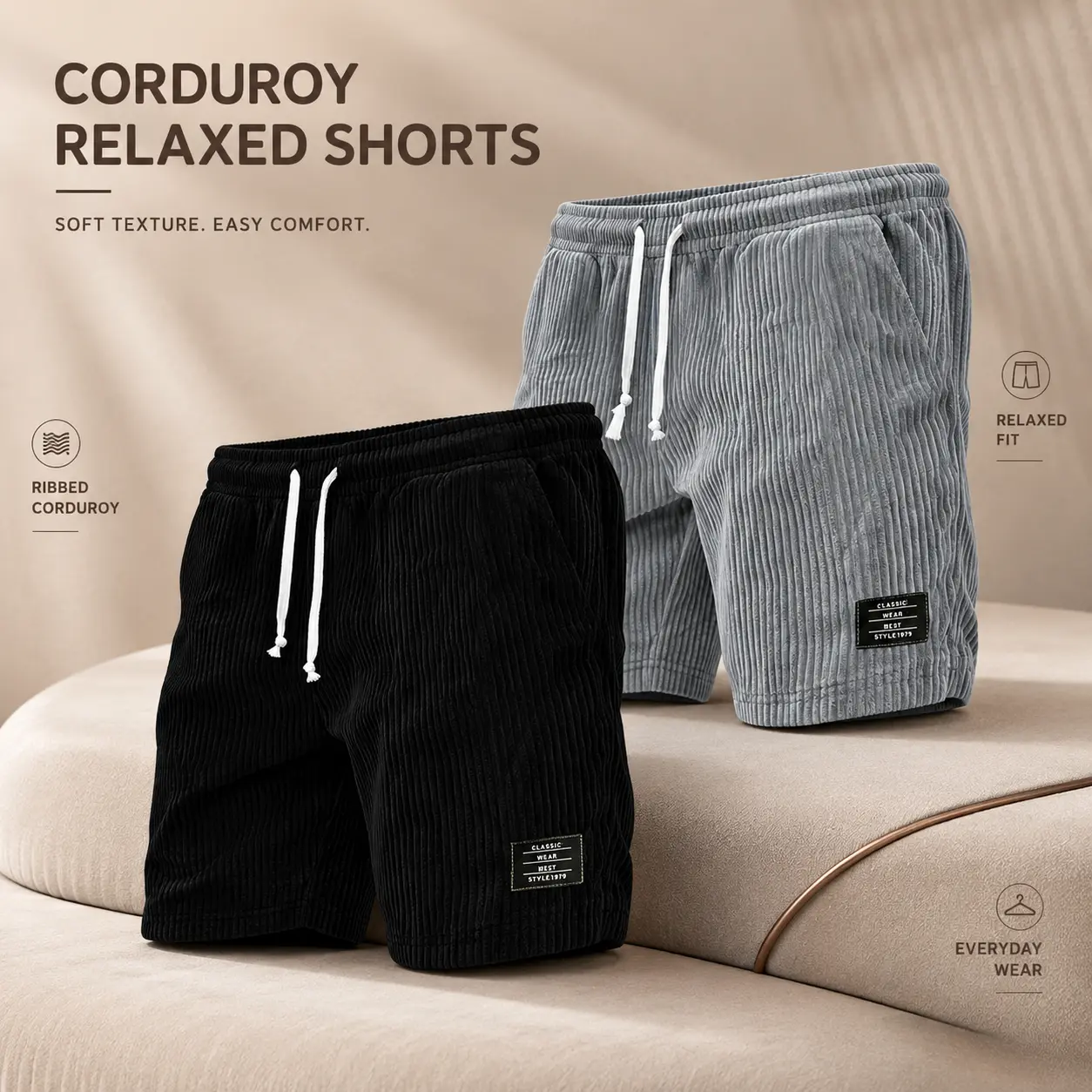Men Vertical Texture Casual Shorts Elastic Drawstring Waist Side Pockets Retro Streetwear Knee Length Summer Shorts