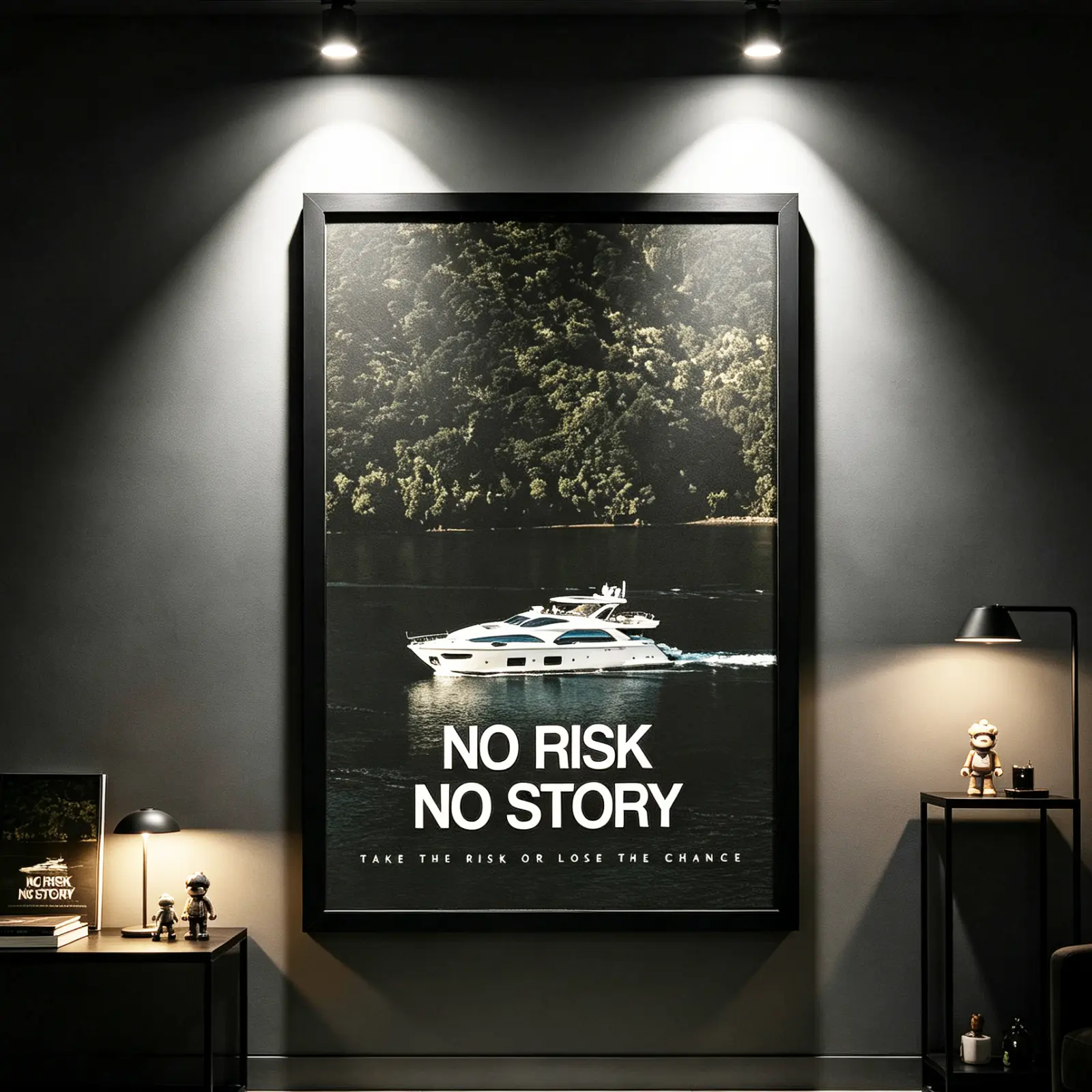 Framed "No Risk No Story" Motivational Entrepreneur Quote HD Poster, Multi-Size Yacht Canvas Wall Art, Office Decor Gift For Him With Secure Packaging