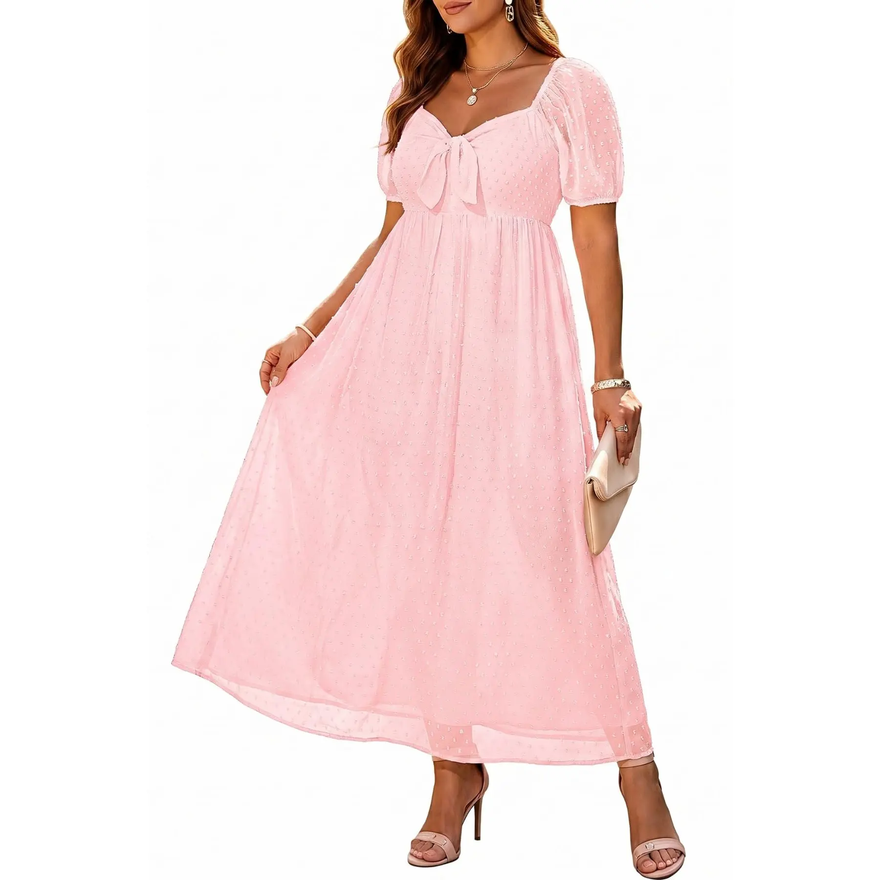 PINUP FASHION Women's Short-Sleeve Smocked Fabric Tie-Front Plus Size Maxi Sundress - Lady's Graduation Beach Wedding Guest Dress, Shortsleeve