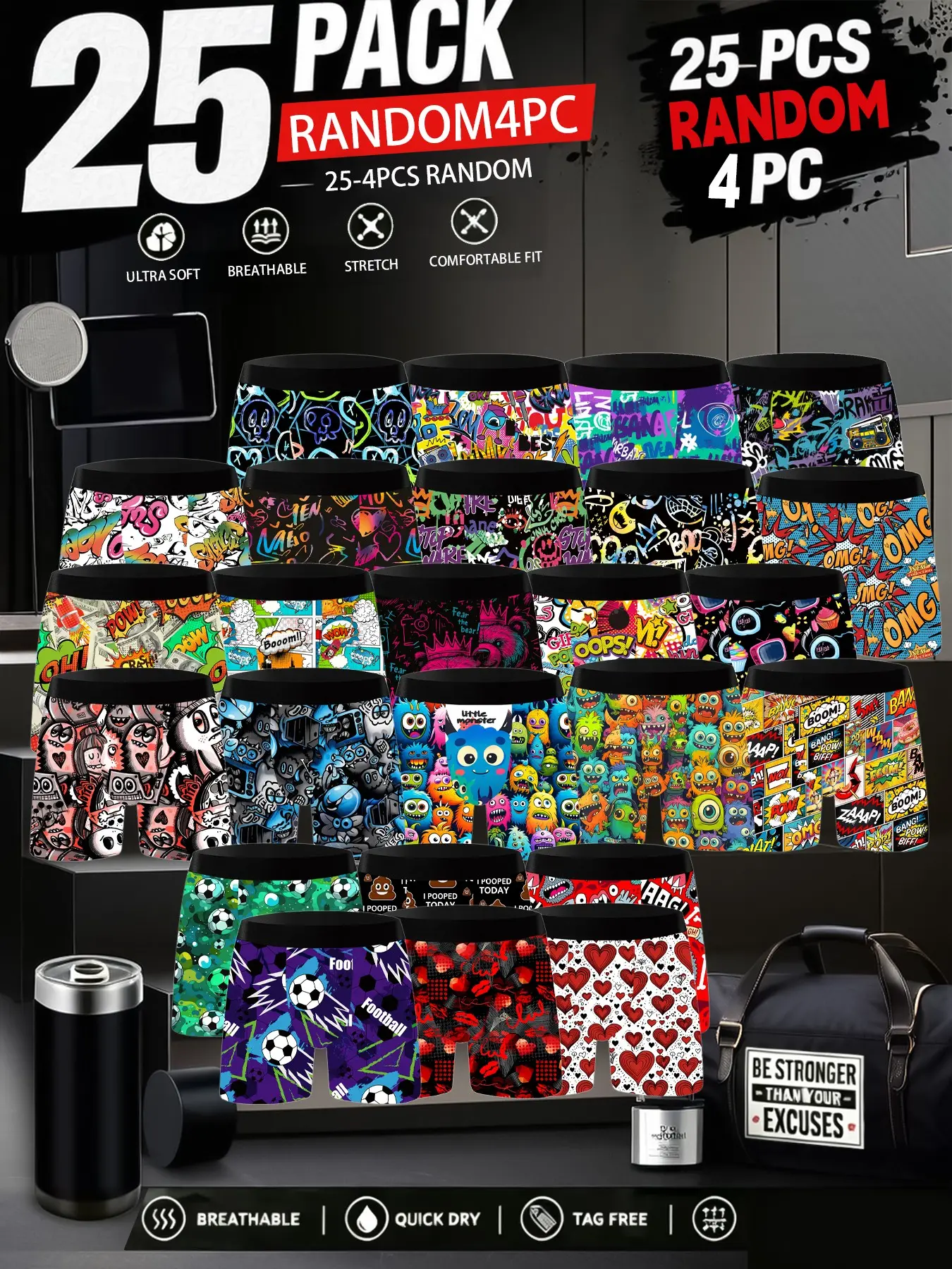 Men's Casual Novelty Allover Print Boxer Briefs, Stretchy Breathable Street Style Underwear, 4 Counts/set Trendy Cartoon Pattern Boxer Shorts