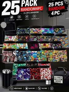 Men's Casual Random Print Briefs, High Elasticity Breathable Street Style Underwear, Trendy Cartoon Pattern Boxer Shorts, 4pcs Set