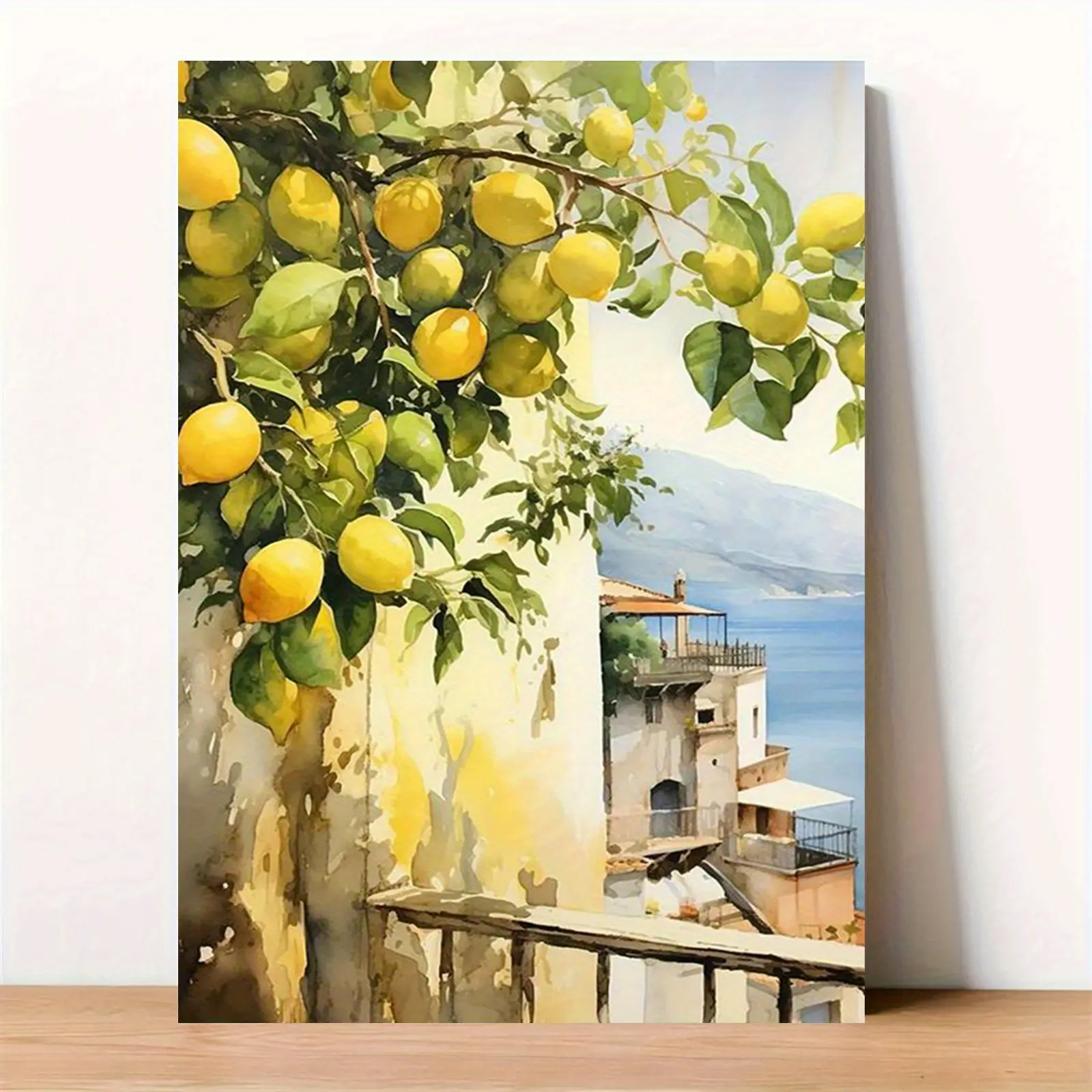 Vibrant Mediterranean Lemon Tree Watercolor Canvas Art - 2D Flat Coastal Balcony Seascape Landscape Print for Modern Kitchen, Dining Room and Living Room Wall Decor