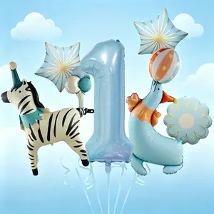 8-Piece Circus Animal Theme Balloon Set, 32-Inch Pearl Blue Number Aluminum Foil Balloons, Party Decor, Kids Room Decoration, Festival Atmosphere, Balloon Animals